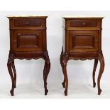 A PAIR OF 19TH CENTURY FRENCH WALNUT MARBLE TOPPED POT CUPBOARDS fitted with frieze drawer and small