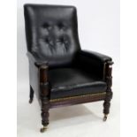 A WILLIAM IV MAHOGANY FRAMED LIBRARY CHAIR upholstered in black leather, 103cm high