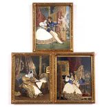 A SET OF THREE REGENCY GILT FRAMED SEQUINED DECORATED HAND COLOURED PRINTS depicting states of