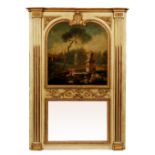 AN 18TH CENTURY FRENCH PAINTED AND PARCEL GILT TRUMO MIRROR with oil painting depicting an