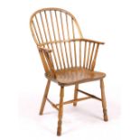 A LATE 18TH / EARLY 19TH CENTURY ASH AND ELM THAMES VALLEY WINDSOR CHAIR standing on turned tapering