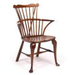 A LATE 18TH CENTURY FRUITWOOD AND ELM THAMES VALLEY WINDSOR CHAIR with H shaped stretcher on