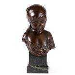 A BERTRAM PEGRAM (1873-1941) Bust of a young girl wearing a scarf, bronze, signed and on a green