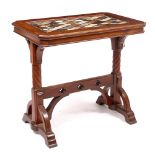 A 19TH CENTURY RECTANGULAR MAHOGANY CENTRE TABLE, the design of Pugin inspiration, the top with