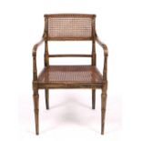 A REGENCY PAINTED BEECH FRAMED OPEN ARMCHAIR with faux rosewood decoration, caned back and seat