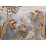 A LATE VICTORIAN PAINTED PLASTER RELIEF PANEL in the Pre Raphaelite manner depicting angels
