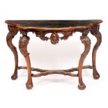 AN 18TH CENTURY WALNUT CONSOLE TABLE probably Portuguese with flower painted leather inset