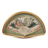 AN ANTIQUE, POSSIBLY ITALIAN, LADIES FAN hand painted with biblical scenes and with pierced mother