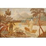 A REGENCY SILK WORK PICTURE depicting a lady punting in mountainous scenery with a gentleman on