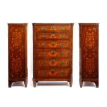 A 19TH CENTURY MAHOGANY AND DUTCH FLORAL MARQUETRY DECORATED CHEST of six graduated drawers, with
