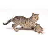 A LATE 19TH CENTURY COLD PAINTED BRONZE MODEL of a cat and mouse marked Geschutzt 45, 8cm wide