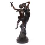 A DECORATIVE BRONZE SCULPTURE OF TWO LOVERS, mounted on a cylindrical marble plinth base, 65.5cm