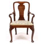 A GEORGE I RED WALNUT OPEN ARMCHAIR with shaped splat back, shepherd's crook arms, inset tapestry