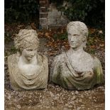 A RECONSTITUTED STONE BUST of a woman with a laurel wreath in her hair, 60cm high together with a