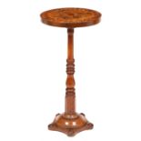 AN EARLY VICTORIAN OAK CIRCULAR OCCASIONAL TABLE the parquetry inlaid top with a variety of wood