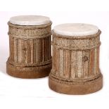 A PAIR OF LATE 18TH CENTURY ADAM STYLE CARVED PINE COLUMN BASES now with inset marble tops for