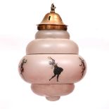 AN EARLY 20TH CENTURY POSSIBLY CONTINENTAL PINK GLASS BULBOUS HANGING LIGHT FITTING decorated with