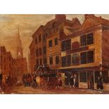 A 19TH CENTURY NAIVE OIL PAINTING of a London street, depicting the London to Oxford coach outside