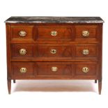 AN EARLY 19TH CENTURY FRENCH COMMODE with marble top over three short and two long drawers, with