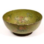 A 19TH CENTURY GREEN GROUND FLOWER DECORATED PAPIER MACHE BOWL 35cm diameter x 15.5cm high with a