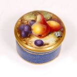 A ROYAL WORCESTER TRINKET BOX WITH LID with handpainted decoration of fruit on a blue mottled