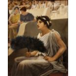 19TH CENTURY ENGLISH SCHOOL A Roman Lady, seated, holding an ostrich feather fan, among a crowd of