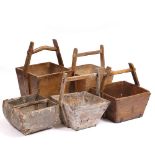 A GROUP OF FIVE CHINESE WOODEN BUCKETS each of square tapering section, the largest 43cm wide x 69cm