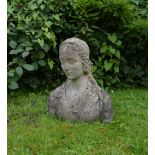 A RECONSTITUTED STONE BUST of a woman, 48cm high together with a smaller bust of a man (2)