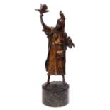 A 19TH CENTURY AUSTRIAN COLD PAINTED BRONZE by Franz Bergman, depicting a hawk seller mounted on a