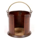 A 19TH CENTURY CIRCULAR MAHOGANY BUTLER'S PLATE BUCKET with hooped hinged brass handle, 33.5cm