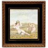 A PAIR OF REGENCY SILK WORK PICTURES depicting Putti, one pictures with ducks, the other with