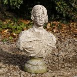 A CARVED MARBLE BUST of a woman on a turned socle, 49cm high