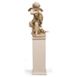 A PAINTED PLASTER SCULPTURE OF CUPID 98cm high standing on a white painted wooden plinth, 40cm