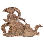 A 19TH CENTURY CARVED ORNAMENT in the form of a female classical figure being pulled in a chariot by