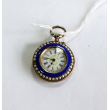 A 19TH CENTURY SILVER AND BLUE GUILLOCHE ENAMEL AND SIMULATED PEARL LADIES POCKET WATCH 3cm across