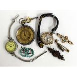 A WHITE METAL POCKET WATCH with gilded dial, a yellow metal cased ladies wrist watch, one other