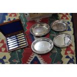 SILVER PLATED ENTREE DISHES and a Mappin Bros., silver plated twelve piece fish service in a