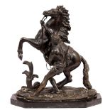 A 20TH CENTURY BRONZE SCULPTURE OF A MARLEY HORSE on a marble plinth, indistinctly signed, 28cm high
