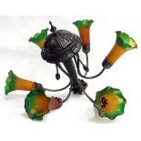 AN ART NOUVEAU STYLE FIVE BRANCH PENDANT CEILING LIGHT with glass shades approximately 35cm