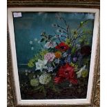 A FOLDER OF DECORATIVE PICTURES AND PRINTS and a still life of flowers, oil on canvas, 37cm x 49cm