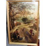 ALBERT DRINKWATER Two children talking to a gentleman on a country lane, oil on canvas, signed lower