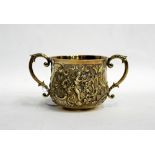 VICTORIAN SILVER PORRINGER WITH TWIN HANDLES and repoussé decoration of flowers and cherub