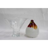 AN ITALIAN GLASS SCULPTURE OF A CHICKEN together with a glass vase with flaring rim and bold white