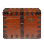 A LATE VICTORIAN ARMY AND NAVY O.S.I. MAKERS TEAK SILVER CHEST with iron mounts, 81cm wide x 52cm