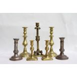 THREE PAIRS OF VARIOUS CANDLESTICKS together with a further candlestick, later converted for use