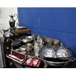 A LARGE COLLECTION OF SILVER PLATE to include a part canteen of Waring & Gillow cutlery, trays,