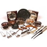 A SMALL COLLECTION OF SILVER and silver plate to include corkscrews and wine coasters