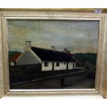 S GLEN (EARLY 20TH CENTURY SCHOOL) Painting of figures on a road by a white cottage, oil on
