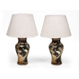 TWO SIMILAR PAPIER-MACHE CHINOISERIE DECORATED BALUSTER TABLE LAMPS with pleated shades, 80cm high