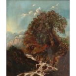 A VICTORIAN RIVER LANDSCAPE oil on canvas 35cm x 29cm, a 19th Century woolwork embroidered panel